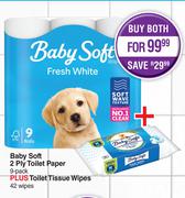 Baby Soft 2 Ply Toilet Paper 9 Pack Plus Toilet Tissue Wipes 42 Wipes-Both For