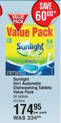 Sunlight 5-In-1 Automatic Dishwashing Tablets Value Pack-56 Tablets Per Pack