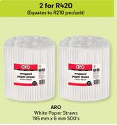 Aro White Paper Straws 195mm x 6mm-For 2 x 500's