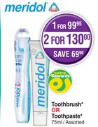 Meridol Toothbrush Or Toothpaste Assorted-For 2 x 75ml