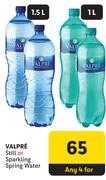 Valpre Still 1.5L Or Sparkling Spring Water 1L-For 4