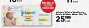 Johnson's Extra Sensitive or Gentle All over Wipes-56s/72s Each