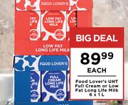 Food Lovers UHT Full Cream Or Low Fat Long Life Milk-6 x 1Ltr