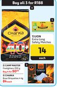 Lion Safety Matches, Camp Master Firelighters 200g & Charka Briquettes 4Kg-For All 3