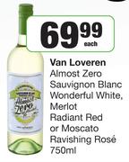 Van Loveren Almost Zero Sauvignon Blanc Wonderful White, Merlot Radiant Red Or Mascato Rose-750ml Ea