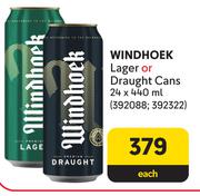 Windhoek Lager Or Draught Cans-24 x 440ml Each