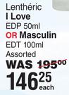 Lentheric I Lover EDP 50ml Or Masculin EDT 100ml Assorted-Each