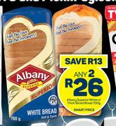 Albany Superior White Or Thick Sliced Bread-Any 2 x 700g