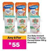 Ace Baby Instant Porridge Or Purity Pureed Maize-For 6 x 100g