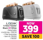 Logik 4 Slice Toaster Black or White - Each