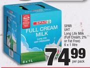 Spar UHT Long Life Milk Full Cream, 2% Or Fat Free-6 x 1L Per Pack