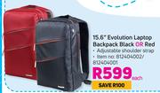 15.6" Evolution Laptop Backpack Black Or Red-Each