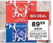 Food Lover's UHT Full Cream Or Low Fat Long Life Milk-6 x 1L Each