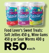 Food Lover's Sweet Treats: Soft Jellies 450g, Wine Gums 450g Or Sour Worms 400g-Each