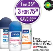 Sanex Anti-Perspirant Roll-On For Men Or Women Assorted-For 3 x 50ml