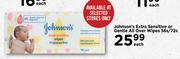 bJohnson's Extra Sensitive or Gentle All over Wipes-56s/72s Each