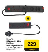Emate 6 Way & 3 Way Multiplug With Surge Protector CRE034BLK-Both For
