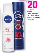 Nivea Deodorant Dry Male Or Female Assorted-150ml Each