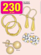 JSCA 9ct Gold Earrings-Per Pair