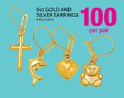 9ct Gold and Silver Earrings-Per Pair