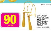 9ct Gold and Silver Medium Teardrop Earrings-Per Pair