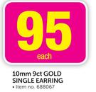 9ct Gold 10mm Single Earring Each