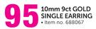 10mm 9ct Gold Single Earring Each