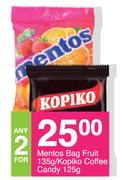 Mentos Bag Fruit-135g/Kopiko Coffee Candy 125g-For 2