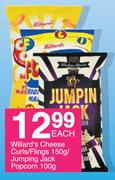 Willard's Cheese Curls/Flings-150g/Jumping Jack Popcorn 100g-Each