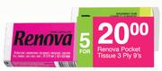 Renova Pocket Tissue 3 Ply 9's Pack-For 5