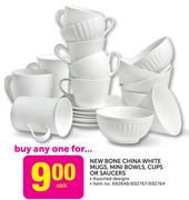 New Bone China White Mugs, Mini Bowls, Cups Or Saucers-Each