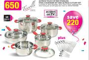 Tissolli 10-Piece Touch Of Red Stainless Steel Cookware Set And 16-Piece Cutlery Set