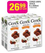 Ceres 100% Juice Assorted-6x200ml Per Pack