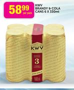 KWV Brandy & Cola Cans-6x330ml-Per Pack