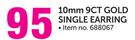 9ct Gold 10mm Single Earring-Each