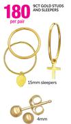 9ct Gold 4mm & 15mm Studs Sleepers-Per Pair