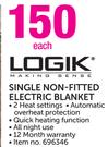 Logik Single Non Fitted Electric Blanket-Each