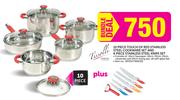 Tissolli 10-Piece Touch Of Red Stainless Steel Cookware Set And 6-Piece Stainless Steel Knife Set