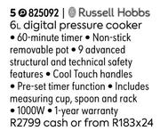 Russell Hobbs 6L Digital Pressure Cooker 825092