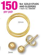 9ct Gold 3mm, 12mm Studs And Sleepers-Per Pair