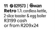 Swan Retro 1.7L Cordless Kettle, 2 Slice Toaster & Egg Boiler 829573