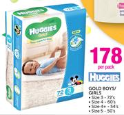 Huggies Gold Boys/Girls Size 3-72's/Size 4-60's/Size 4+-54's, Size 5-50's Per Pack