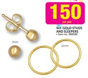 9ct Gold Studs And Sleepers-Per Pair