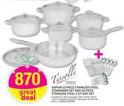Tissolli Saphir 12-Piece Stainless Steel Cookware Set And 16-Piece Stainless Steel Cutlery Set