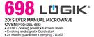 Logik 20ltr Silver Manual Microwave Oven(P70H20L-SES)