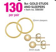 9ct Gold 3mm Studs And 12mm Sleepers-Per Pair