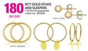 9ct Gold 4mm Studs And 15mm Sleepers-Per Pair