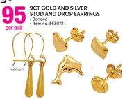 9ct Gold And Silver Stud And Medium Drop Earrings Bonded-Per Pair