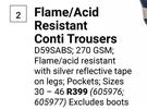 Beck Flame/Acid Resistant Conti Trousers (605976, 605977)