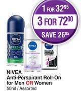 Nivea Anti Perspirant Roll On For Men Or Women Assorted-For 3 x 50ml